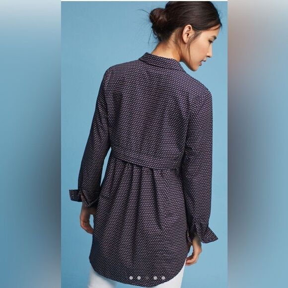 Anthropologie Maeve Blue Long Sleeve Polka Dot Cotton Long Blouse - Picture 9 of 9